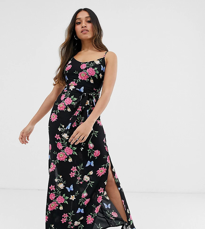 Parisian Petite cami strap maxi dress in black floral | ASOS (Global)