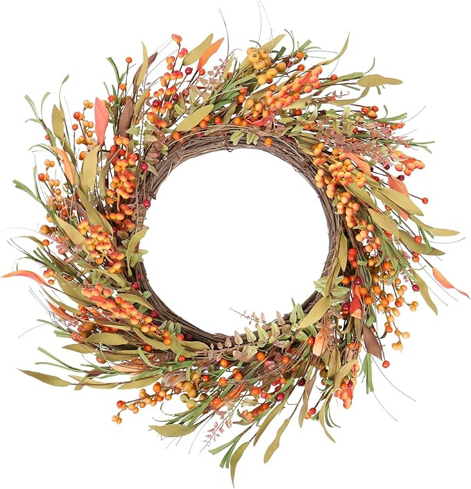 AOLIGE 22" Fall Wreath for Indoor Outdoor Decor, Artificial Wreath with Berry Silk and Leaves for... | Amazon (US)