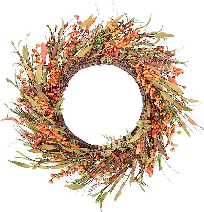 AOLIGE 22" Fall Wreath for Indoor Outdoor Decor, Artificial Wreath with Berry Silk and Leaves for... | Amazon (US)