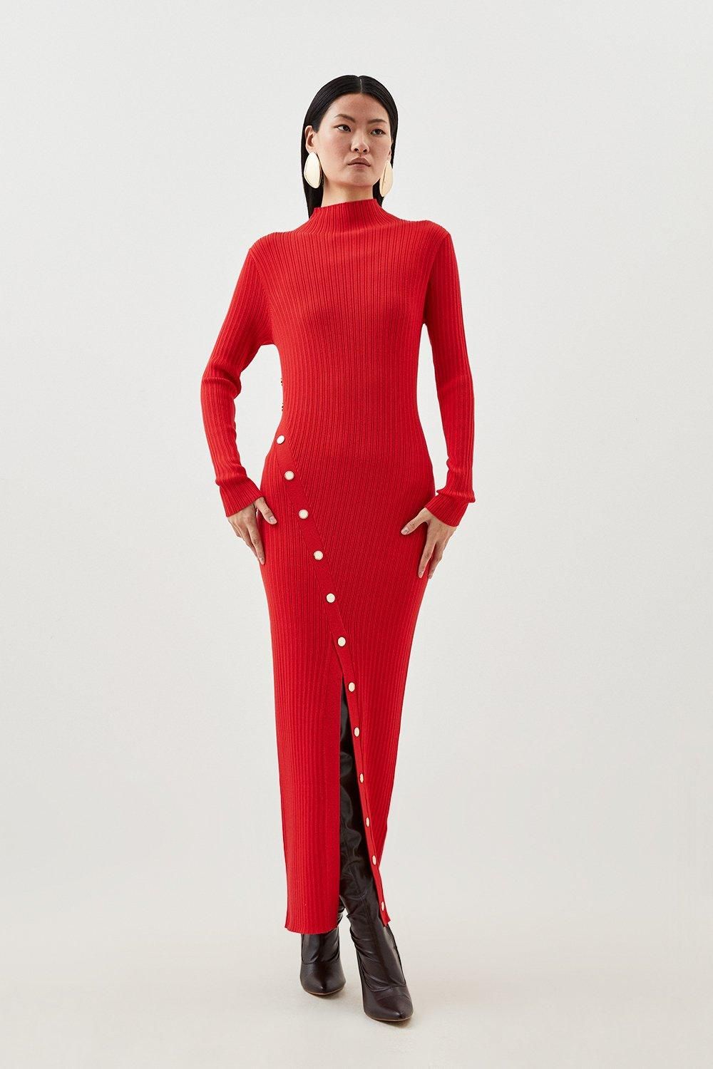 Viscose Blend Popper Detail Split Knit Midaxi Dress | Karen Millen UK + IE + DE + NL