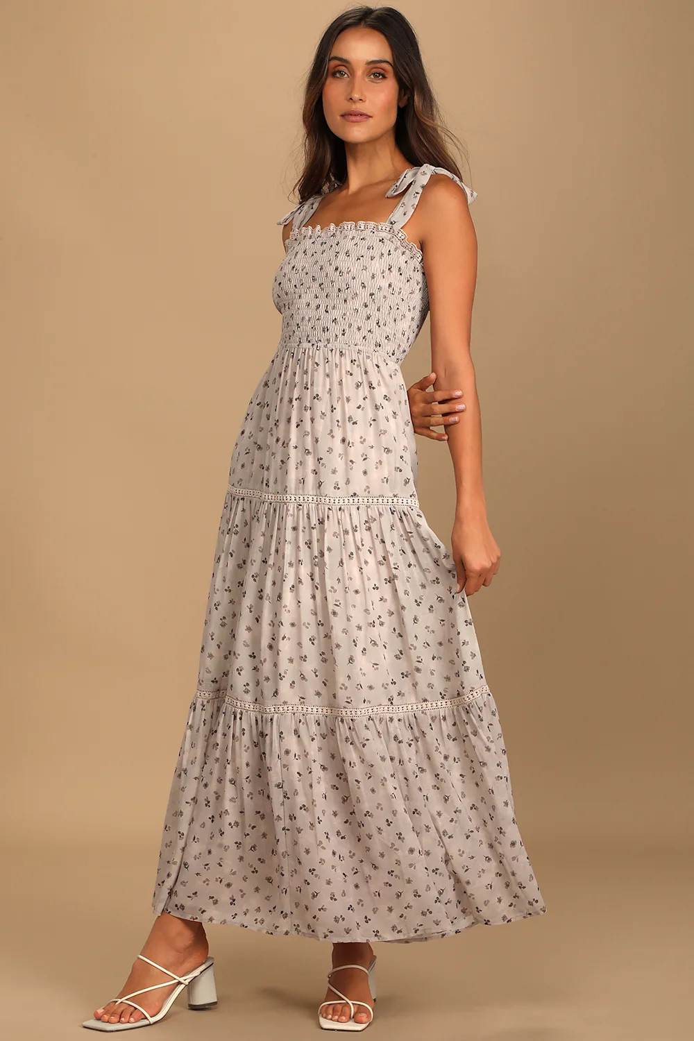 Blooming Perfection Taupe Floral Print Tie-Strap Smocked Dress | Lulus (US)