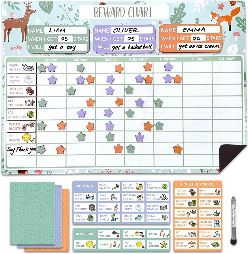 Reward Chart for Multiple Kids 17 x 12 Inch Dry Erasable Chore Chart | Magnetic Responsibility Ch... | Amazon (US)