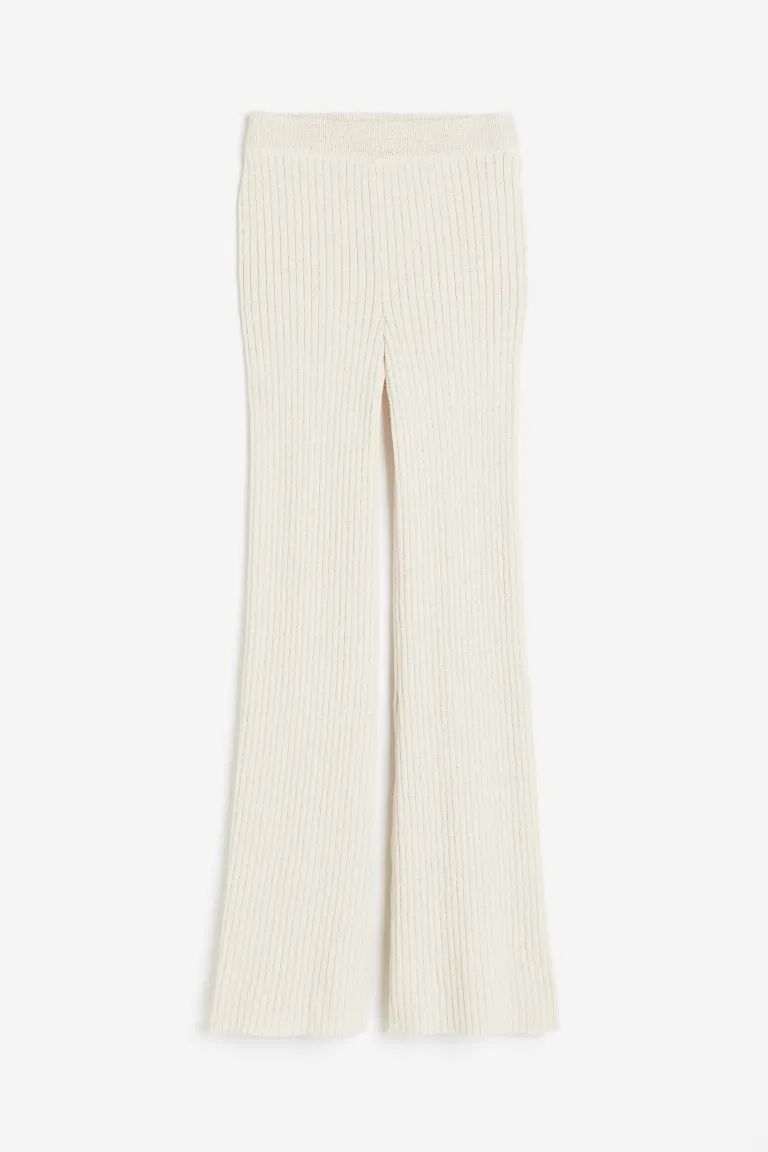 Flared rib-knit trousers - Light beige - Ladies | H&M GB | H&M (UK, MY, IN, SG, PH, TW, HK)
