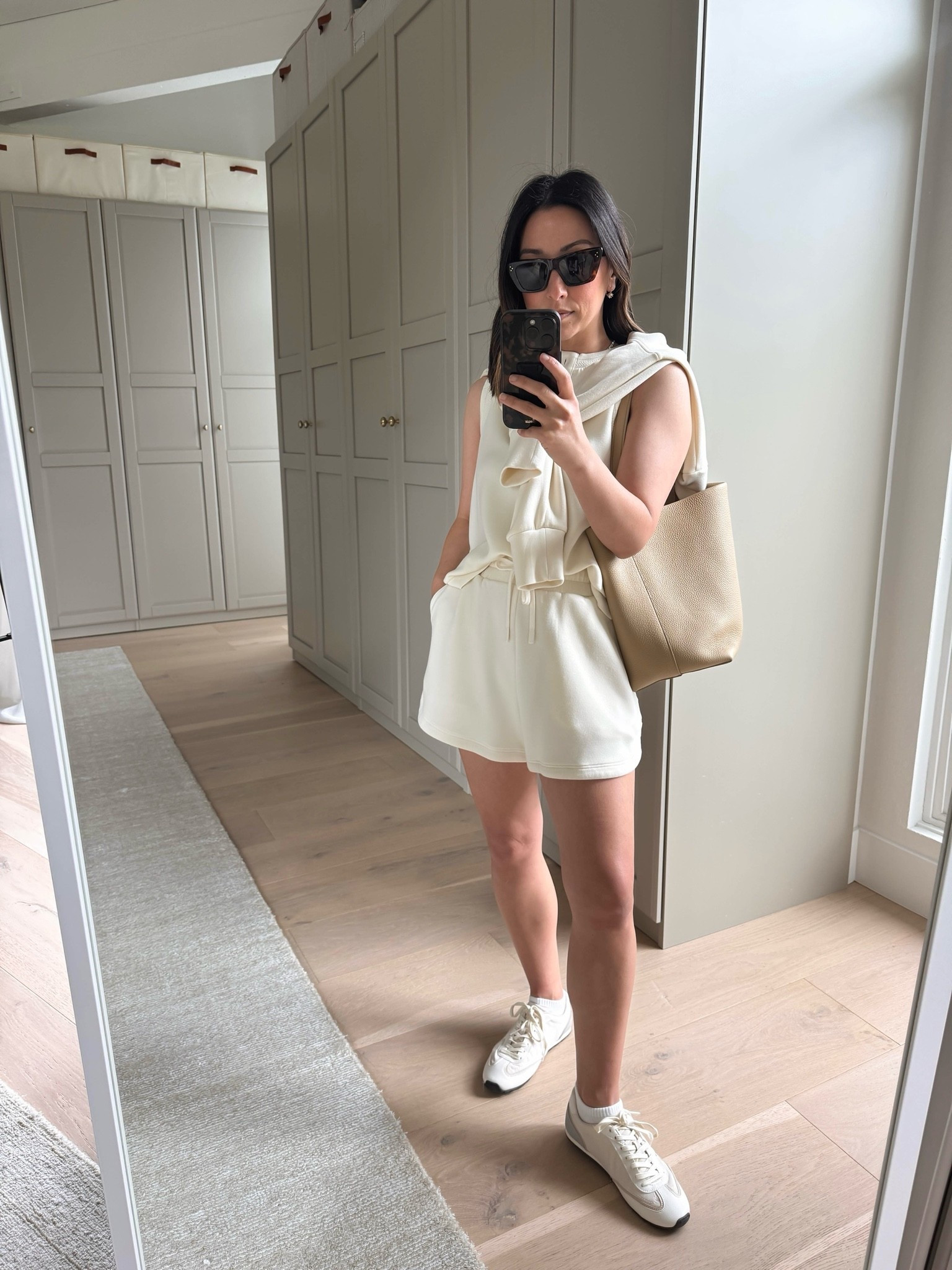 Easiest warm weather outfit formula. When in doubt, reach for Varley! My favorite comfortable elevated pieces. 

Varley tank small
Varley zip through xs
Varley shirts small
Amazon socks
Zara sneakers 6
Celine sunglasses 
The Row bag - small
Electric Picks earrings
Dorsey James necklace 15”

Petite style, athleisure, summer outfits
