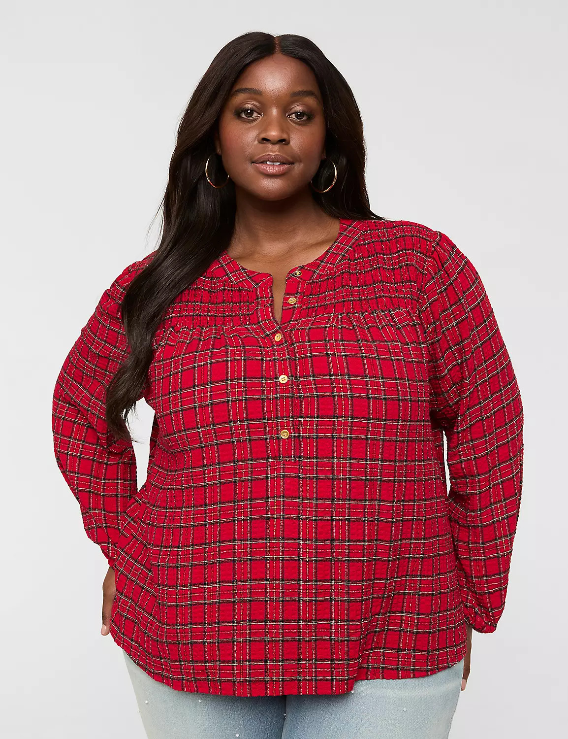 Lurex Shimmer Crinkle Popover Blouse | Lane Bryant (US)