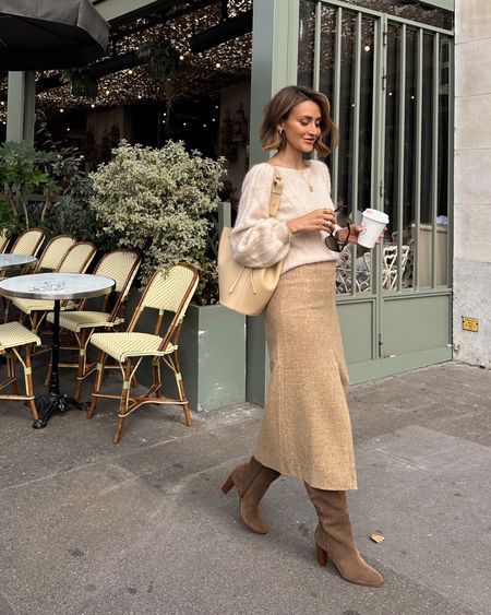 Sezane midi skirt and xs will and mohair sweater and tall suede boots!! And bucket bag! 

#LTKshoecrush #LTKitbag #LTKstyletip