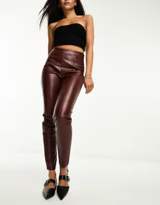 Pieces high waisted PU trousers in brown | ASOS (Global)