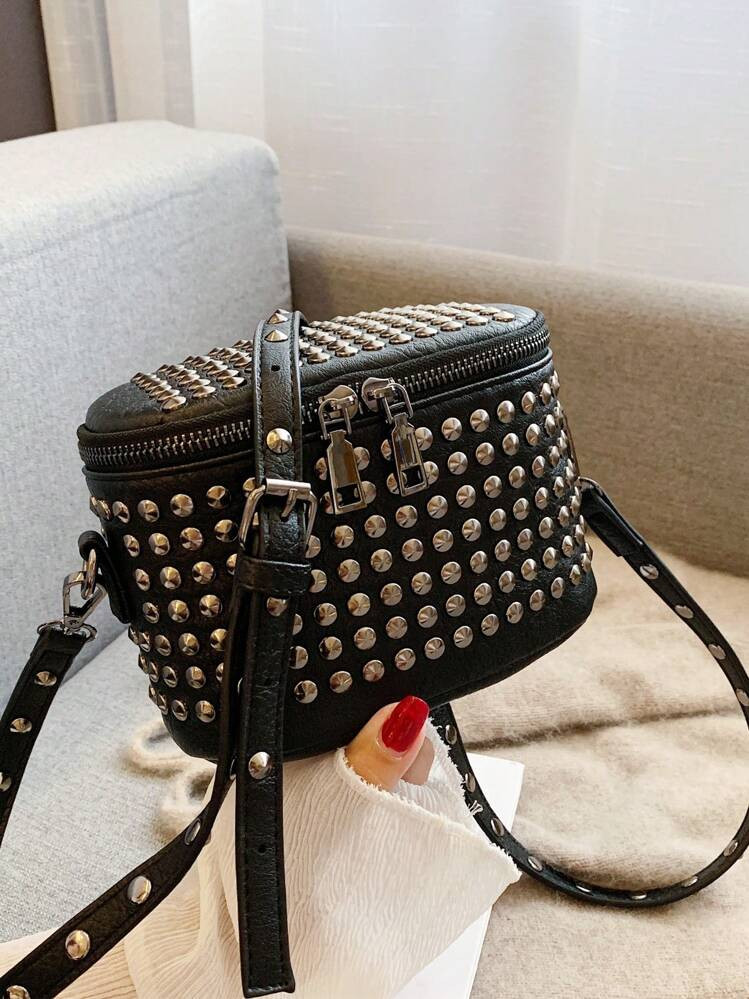 Mini Solid Color Rivet Studded Punk Style Trapezium Shoulder Bag | SHEIN