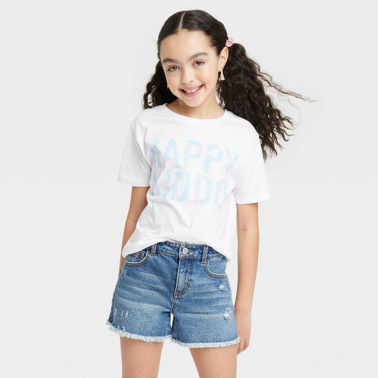 Girls' Happy Kiddo Short Sleeve Graphic T-Shirt - White | Target