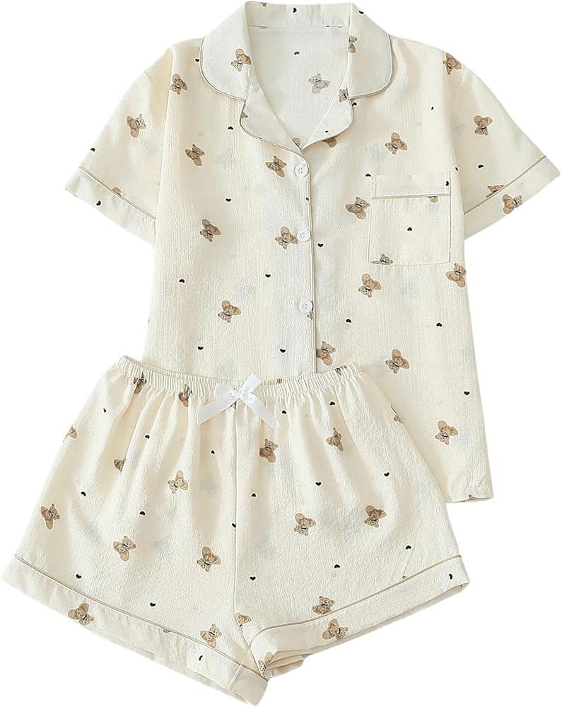 Verdusa Women's 2 Piece Pajama Set Matching Pjs Sets Cute Printed Sleepwear Button Up Shirt with ... | Amazon (US)