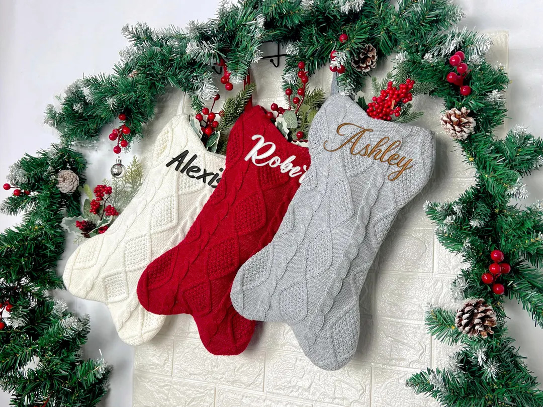 Personalized Knitted Christmas Stocking, Embroidered Cotton Bone Stocking | Etsy (US)