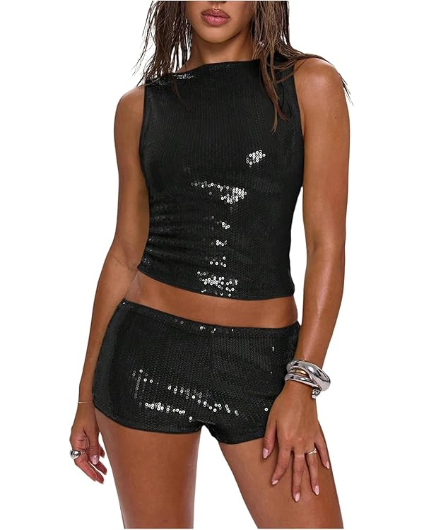 Floerns Women's Y2k Tank Tops Sleeveless Shiny Sequin Club Date Night Vest Top | Amazon (US)