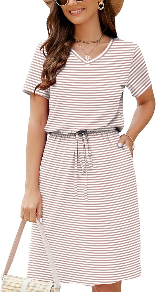 HUSKARY Women Summer Casual Midi Dresses Short Sleeve V Neck Drawstring Knee Length T Shirt Dress... | Amazon (US)