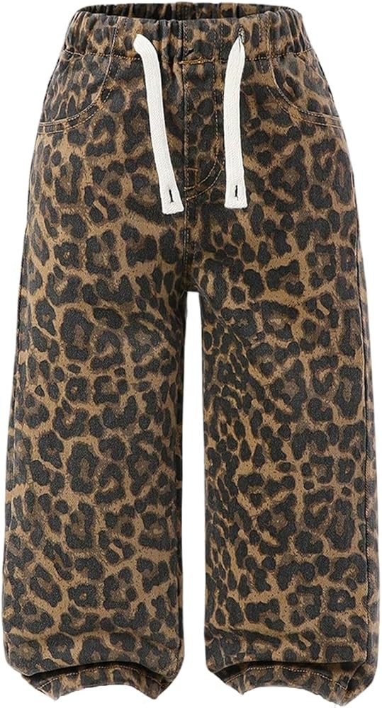 Verdusa Girl's Leopard Print Wide Leg Jeans Drawstring High Waisted Denim Pants Baggy Trousers | Amazon (US)