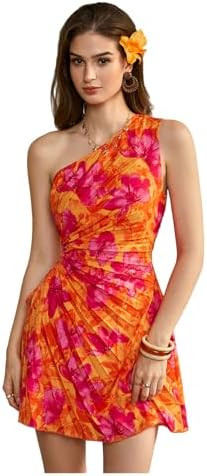 Floerns Women's Floral Sleeveless One Shoulder Drawstring Ruched Vacation A Line Beach Dresses | Amazon (US)