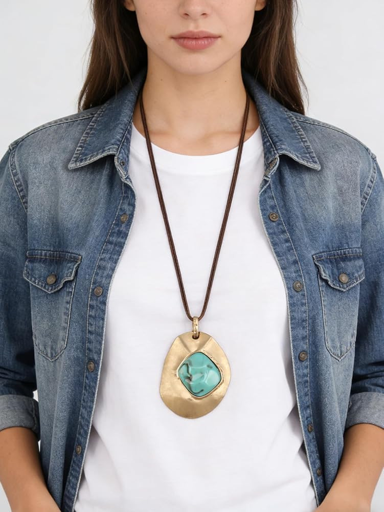 Long Necklaces for Women Boho Large Pendant Necklace Casual Bohemian Brown Leather Choker Sweater... | Amazon (US)