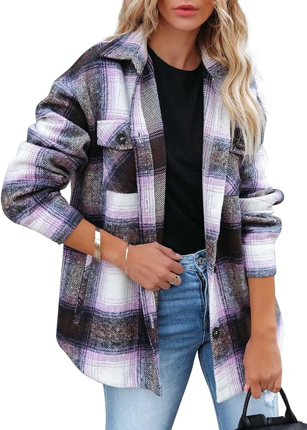 Beaully Women's Flannel Plaid Shacket Long Sleeve Button Down Shirts Jacket Coats with Side Pocke... | Amazon (US)