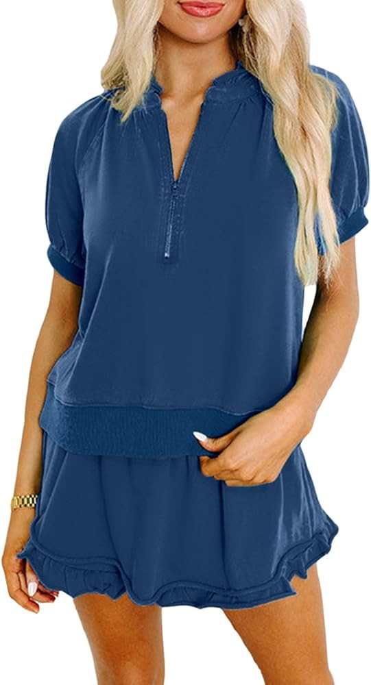 KevaMolly Women's 2 Piece Lounge Sets Casual Short Sleeve Outfits Half Zip Puff Sleeve Top and Ru... | Amazon (US)