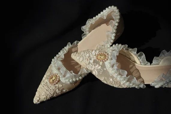 Light Yellow With Lace and Pearl Heels Marie Antoinette Shoes | Etsy UK | Etsy (UK)