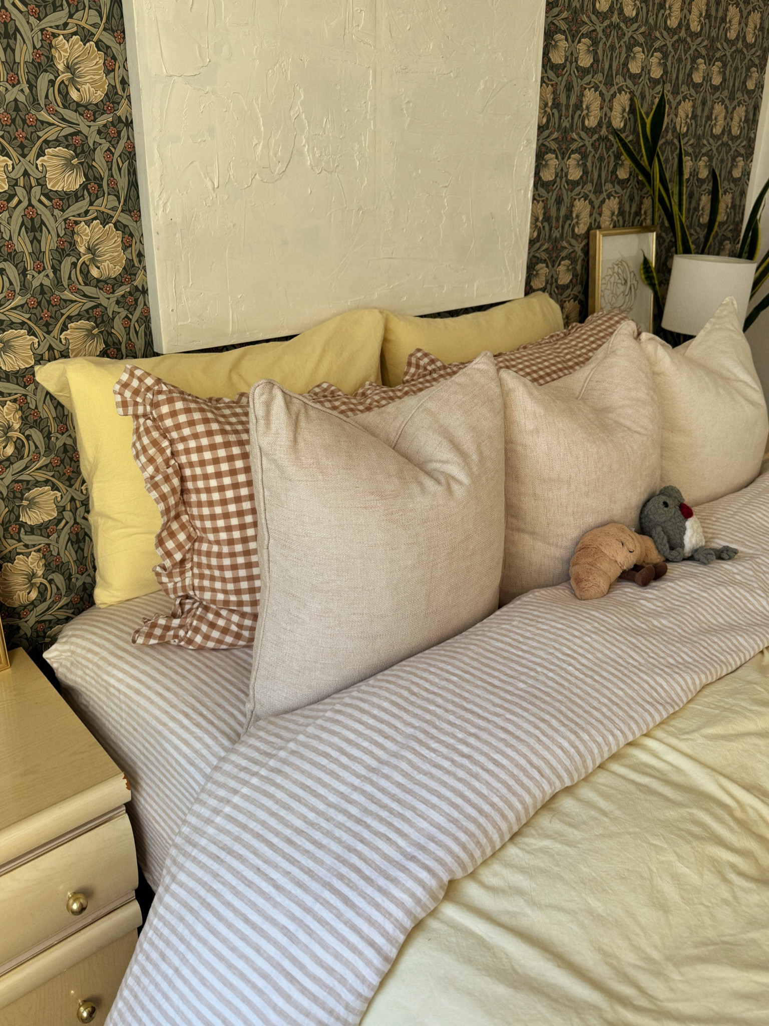 Bedding, butter yellow, plaid, stripes