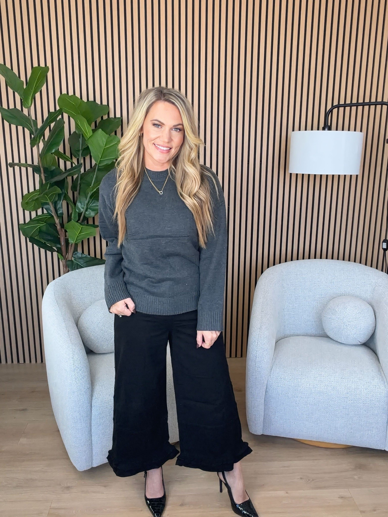 Neutrals win again. I like this charcoal sweater with black wide leg jeans because the whole outfit feels simple, clean, and easy to wear without looking flat. The darker tones work together, but the different textures keep it interesting.

Sizing:
Sweater: Small
Jeans: Size 4

charcoal sweater, black wide leg jeans, neutral fall outfit, monochrome outfit, black denim outfit, women’s fall fashion, classic fall style, sweater and jeans outfit, everyday fall style, AudrieDollins