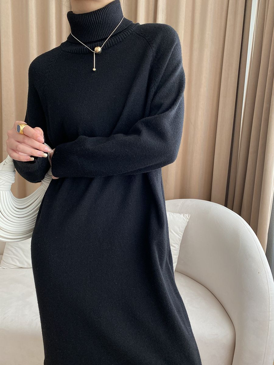 Long Sleeve Turtleneck Cozy Knit Sweater Dress in Black | Chicwish
