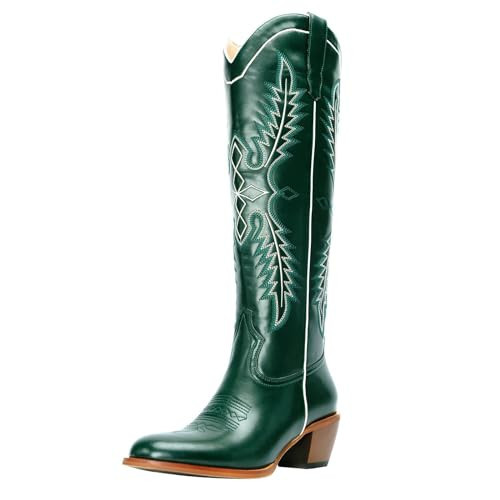 GORBINETI Women Embroidered Green Cowboy Boots for Women Knee High Cowgirl Boots Pull on Round Toe Western Boots Mid Heel Retro Fashion Tall Boots Dress Party Boots Green Size 10.5 | Amazon (US)