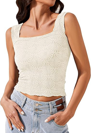 Womens Crop Floral Tank Top Square Neck Wide Straps Cropped Tank Tops Slim Fit Lettuce Trim Boho ... | Amazon (US)