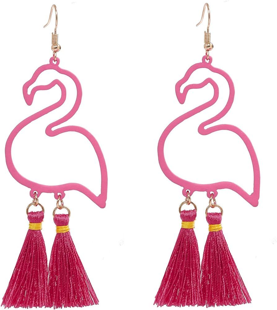 HSWE Flamingo Drop Earrings Tassel Dangle Earrings Thread Fringe Earrings Hawaiian Summer Jewelry | Amazon (US)