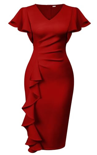 Memoriesea Women's Sexy V Neck Ruffle Short Sleeve Bodycon Cocktail Work Midi Dress Red | Amazon (US)