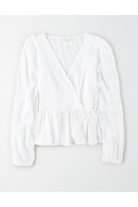 AE Long Sleeve Wrap Peplum Blouse | American Eagle Outfitters (US & CA)