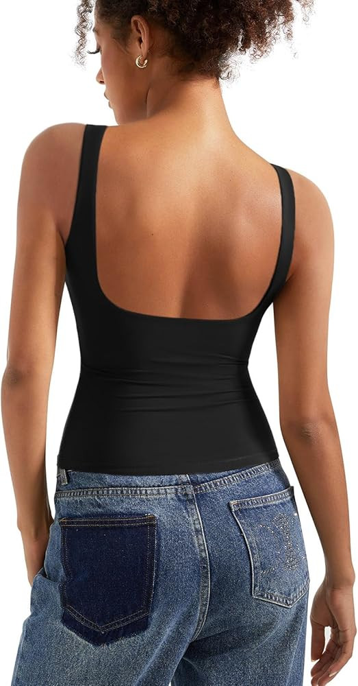 Amazon.com: SUUKSESS Women Built in Bra Open Back Boat Neck Tank Tops Double Lined Backless Y2K G... | Amazon (US)
