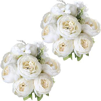 Nubry 2pcs Artificial Peony Silk Flowers Bouquet for Wedding Home Garden Decoration(White) | Amazon (US)