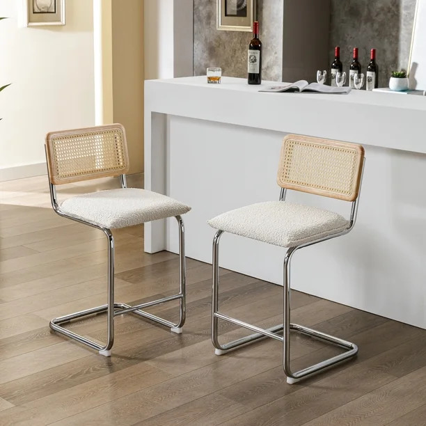 Zesthouse 23.2" Rattan Counter Height Bar Stools Set of 2, Boucle Fabric Counter Stools with Cane... | Walmart (US)