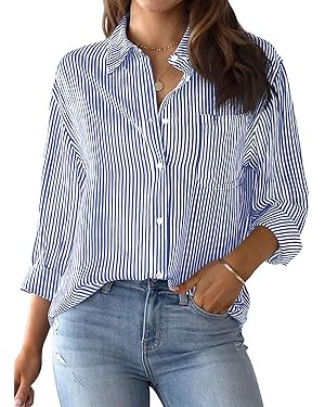 AISEW Womens Button Down Shirts Striped Classic Long Sleeve Collared Office Work Blouses Tops wit... | Amazon (US)
