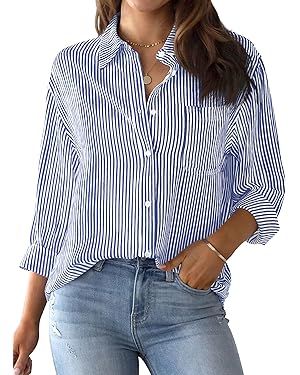 AISEW Womens Button Down Shirts Striped Classic Long Sleeve Collared Office Work Blouses Tops wit... | Amazon (US)