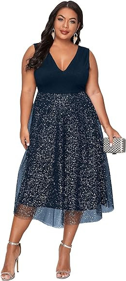 Floerns Women's Plus Size V Neck Sleeveless Sequin Wedding Party A Line Dress | Amazon (US)