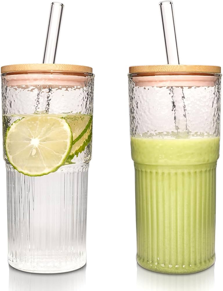 ANOTION Glass Cups with Lids and Straws - 22oz Coffee Cups Drinking Glasses Iced Coffee Cup Reusa... | Amazon (US)