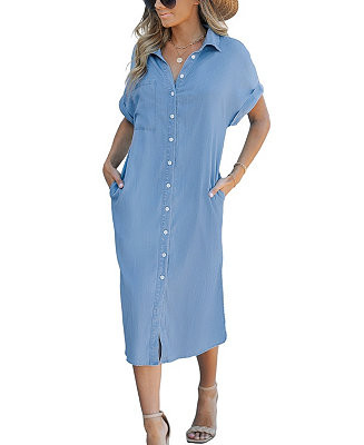 Cupshe Women's Denim Short Sleeve Button Down Cover Up Dress - Macy's | Macy's