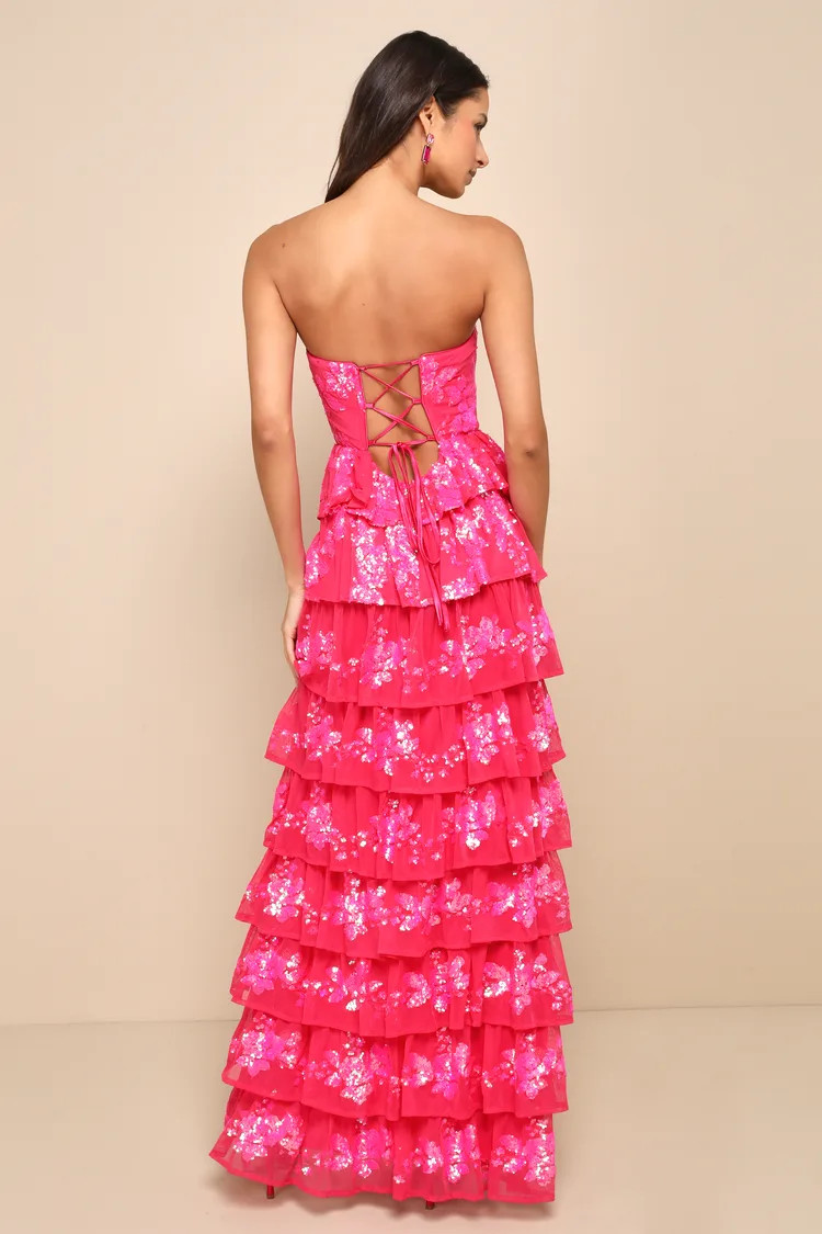 Definite Glamour Hot Pink Sequin Strapless Bustier Maxi Dress | Lulus