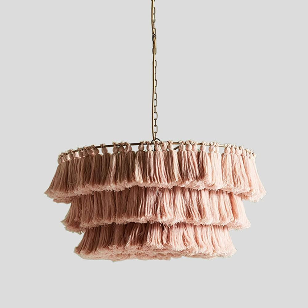 KWOKING Modern Tiered Pendant Light 1 Light Decorative Tassel Chandeliers Fiber Rope Hanging Lamp for Bedroom,Hotel in Pink - 12" | Amazon (US)