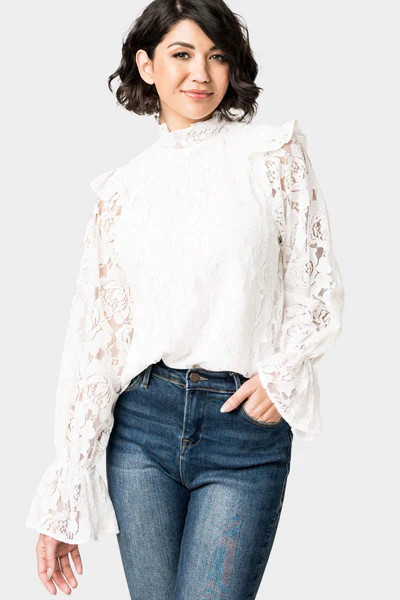 Long Puff Sleeve Ruffle Trim Blouse | Gibson