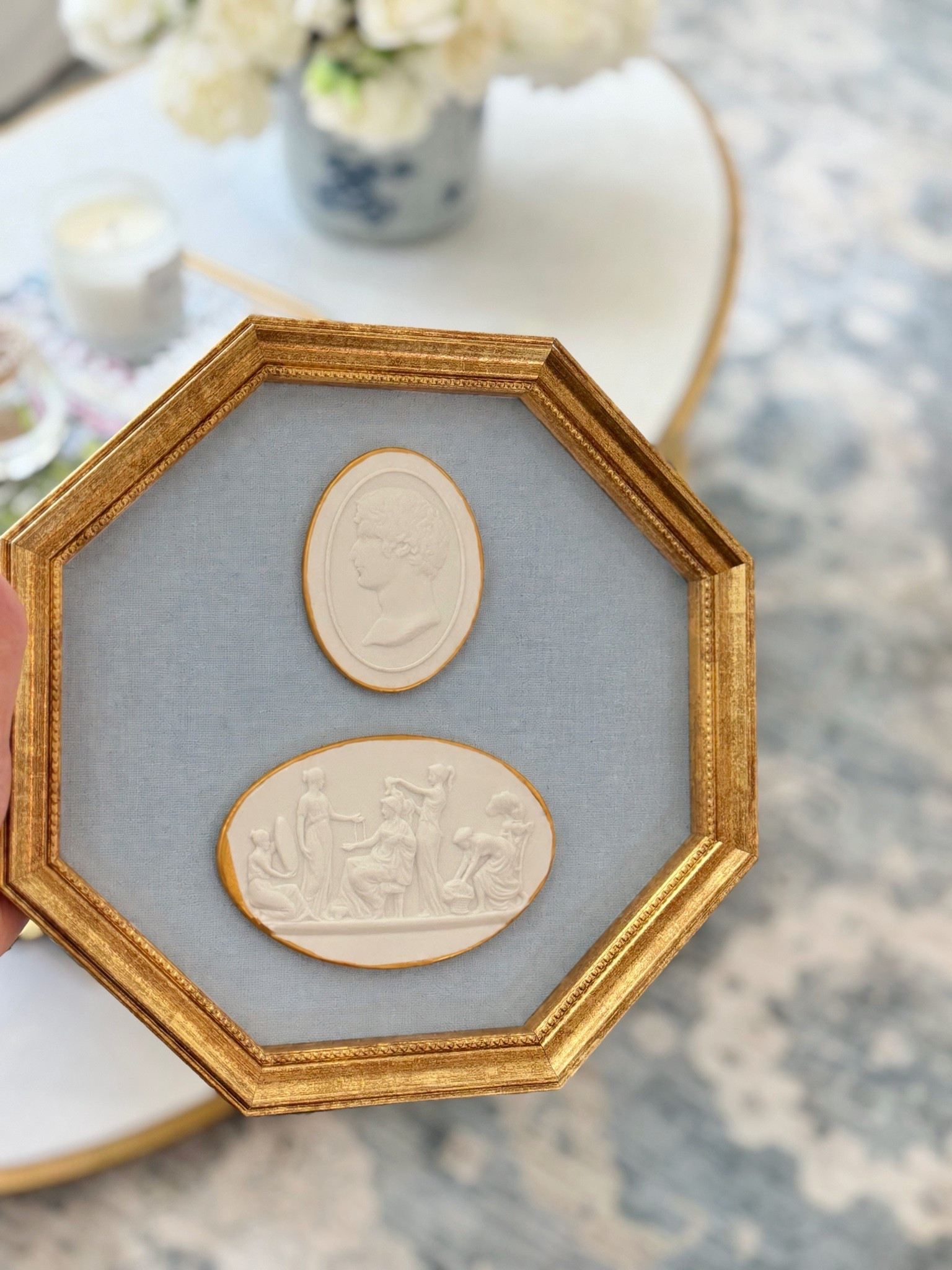 $15 framed intaglio art - swapped the original fabric for this dusty blue linen fabric I had on hand 💙