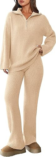 PRETTYGARDEN Womens Winter 2 Piece Sweater Set Long Sleeve Quarter Zip Sweatshirt Wide Leg Pants ... | Amazon (US)