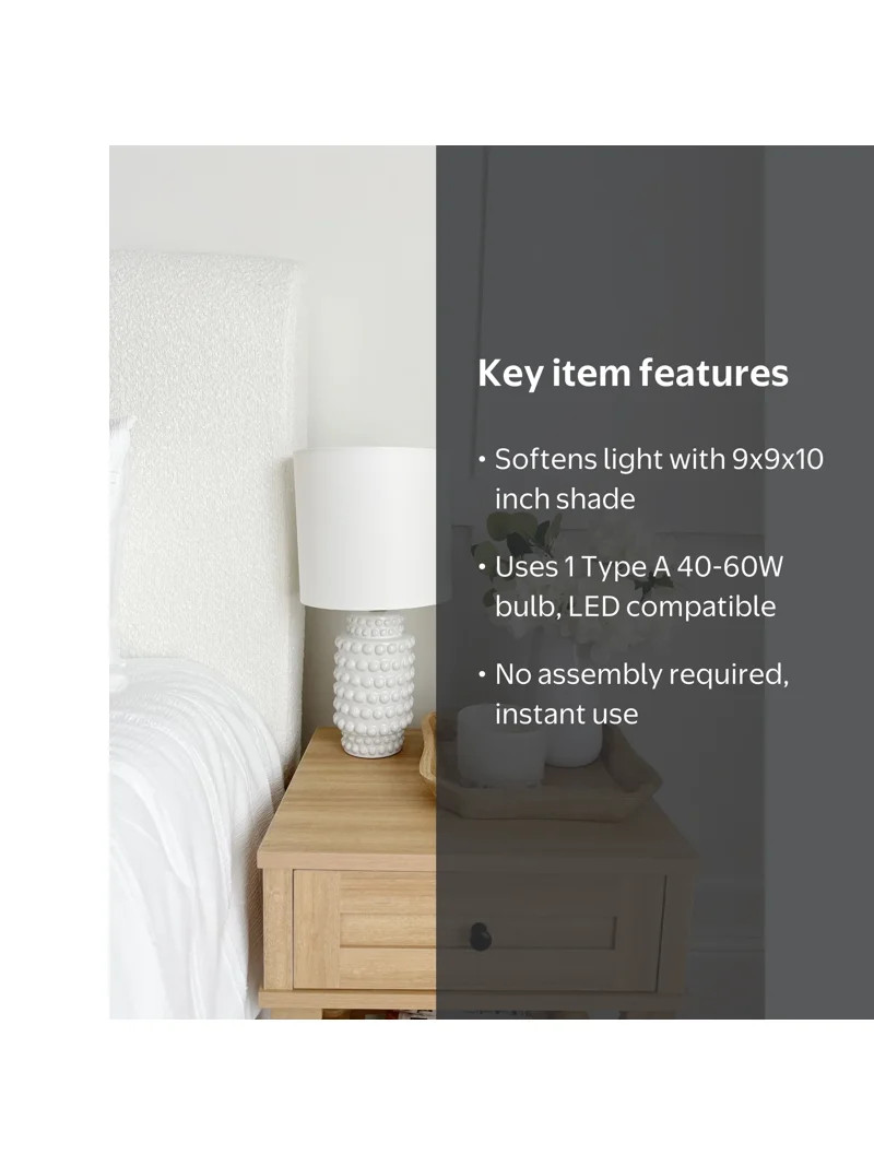 My Texas House Hob-Nail Ceramic Table Lamp, White Finish with Brass Accents, 18" H | Walmart (US)
