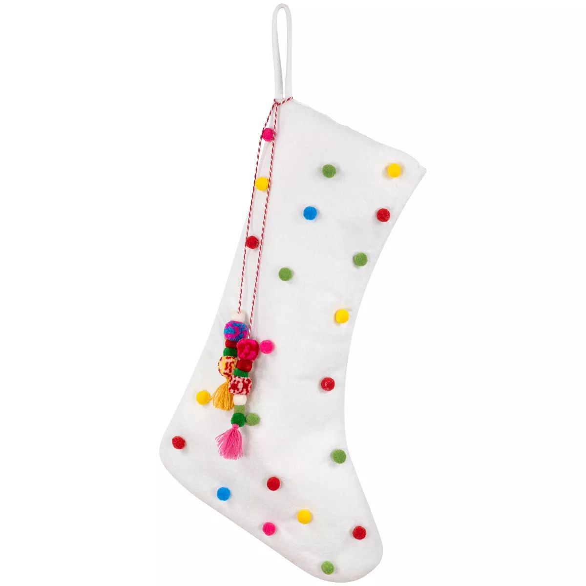 Northlight 20" White Christmas Stocking with Multicolor Pom-Poms and Tassels | Target