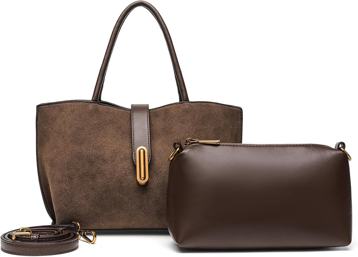 Suede Vegan Leather Tote Bag for Women,UPGRADED LARGER SIZE 2-in-1 Shoulder Handbag with Removabl... | Amazon (US)