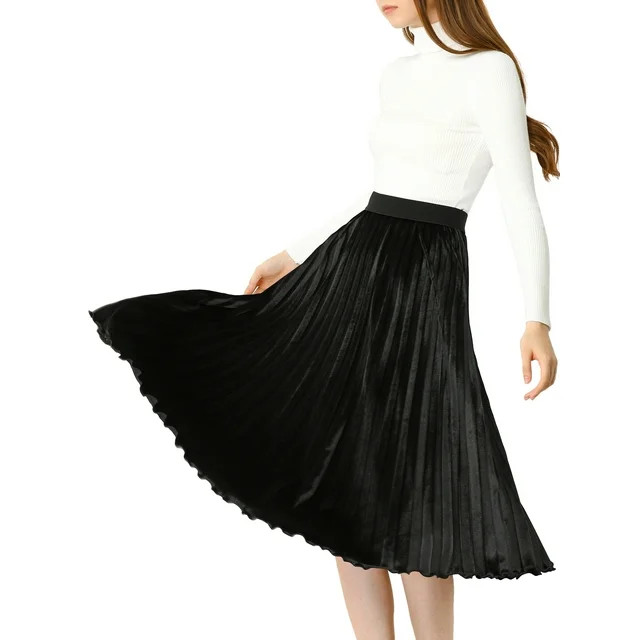 Unique Bargains Women's High Waist Accordion Pleated Metallic Midi Skirt A-line | Walmart (US)