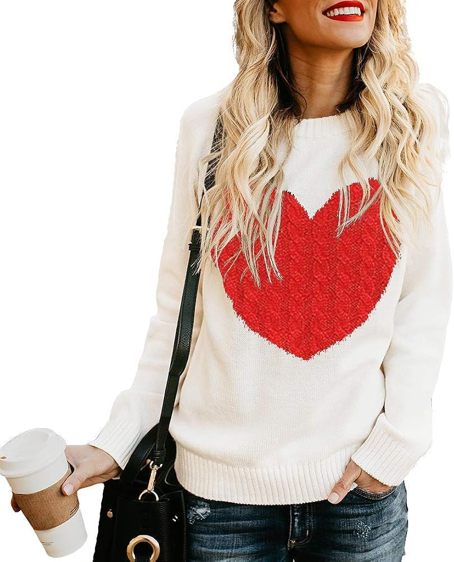 EC ELEGANTCHARM Women's Pullover Sweaters Knitted Long Sleeve Crewneck Heart Patchwork Jumper Coz... | Amazon (US)