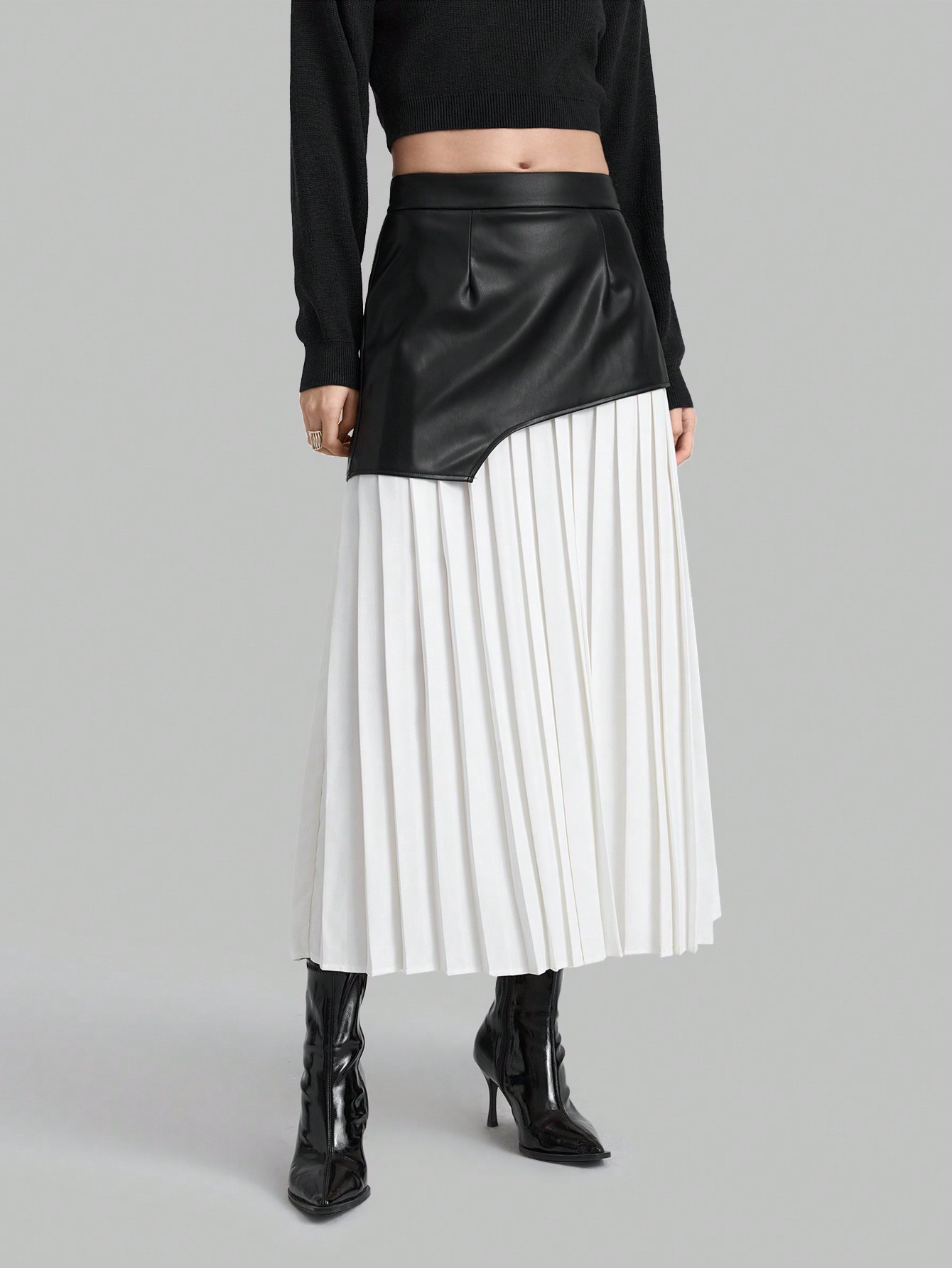 Ontre Elegant & Modern Pleated High Waist PU Leather Splice Women's Skirt, Autumn | SHEIN